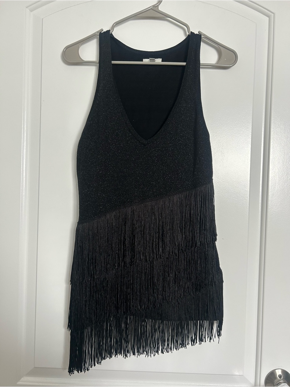 Vintage 90s y2k Cache Black Fringe Sparkle V-Neck Top Mini Dress Size L whimsi